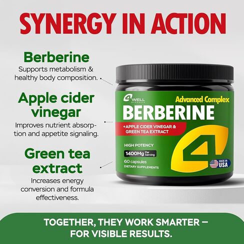 Berberine HCL Supplement 1400mg Complex with Apple Cider Vinegar and Green Tea Extract, Advanced Formula (60 Capsules) in Kuwait
