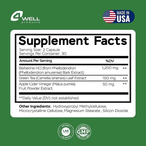 Berberine HCL Supplement 1400mg Complex with Apple Cider Vinegar and Green Tea Extract, Advanced Formula (60 Capsules) in Kuwait