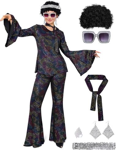 70s Disco Outfits for Women, Retro 8 PCS Disco Costume with Top, Pants, Sunglasses, Ring, Earrings, Wigand in Saudi Arabia