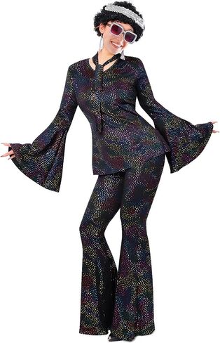 70s Disco Outfits for Women, Retro 8 PCS Disco Costume with Top, Pants, Sunglasses, Ring, Earrings, Wigand in Saudi Arabia