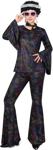 70s Disco Outfits for Women, Retro 8 PCS Disco Costume with Top, Pants, Sunglasses, Ring, Earrings, Wigand in Saudi Arabia