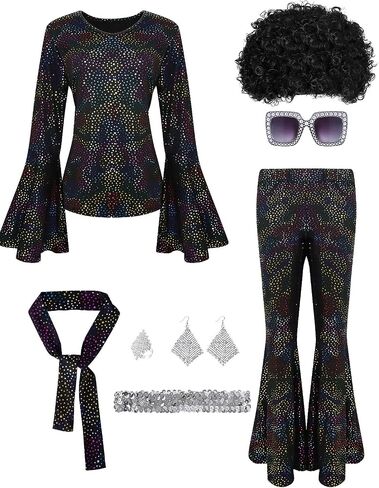 70s Disco Outfits for Women, Retro 8 PCS Disco Costume with Top, Pants, Sunglasses, Ring, Earrings, Wigand in Saudi Arabia