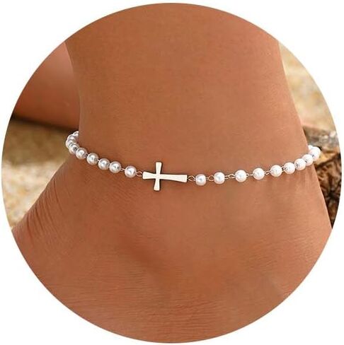 Ankle Bracelets for Women 18K Gold Plated Dainty Waterproof Cross Anklets Pearl Beaded Link Chain Anklet for Women Non Tarnish Summer Beach Foot Jewelry in Saudi Arabia