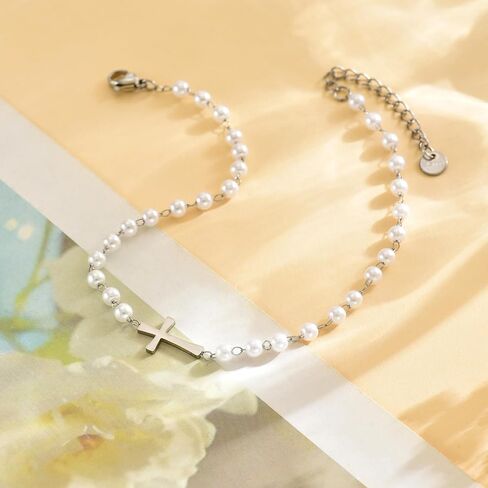 Ankle Bracelets for Women 18K Gold Plated Dainty Waterproof Cross Anklets Pearl Beaded Link Chain Anklet for Women Non Tarnish Summer Beach Foot Jewelry in Saudi Arabia