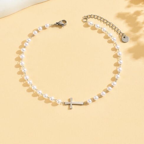 Ankle Bracelets for Women 18K Gold Plated Dainty Waterproof Cross Anklets Pearl Beaded Link Chain Anklet for Women Non Tarnish Summer Beach Foot Jewelry in Saudi Arabia