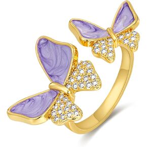 Gold Purple Enamel Floral Butterfly CZ FULLY ADJUSTABLE Statement Open Ring for Women by SNGIA, Violet Orchid Flower Leaf Summer Beach Handmade Unique Pinky Band, Lavender Chunky Stackable Cute Cuff Cocktail Ring Birthday Gift, Natural Bold Exaggerated Ir