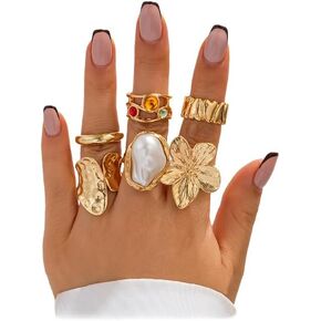 Chunky Gold Rings for Women Non Tarnish Stackable Baroque Pearl Flower Knuckle Rings Set Aesthetic Silver 6Pcs Trendy Dainty Open Midi Ring Set Jewelry Gifts