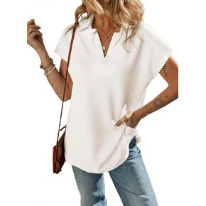 Poetsky Women's Polo Shirts Short Sleeve Summer Casual Collared Shirt Loose V Neck Tunic Tops with Side Slits