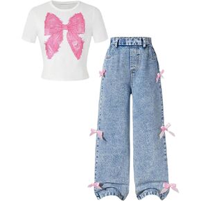 SOLY HUX Girl's 2 Piece Outfits Cute Bow Graphic Short Sleeve T Shirt and Jean Pants Set Streetwear