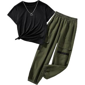 WDIRARA Girl's 2 Piece Outfits Round Neck Short Sleeve Tee and Pocket Cargo Pants Set
