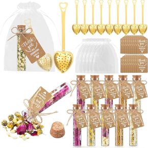 12 Sets Tea Party Favors Tea Party Decorations Bulk for Guests Include Heart Shaped Infuser Glass Jar Thank You Gift Tag Drawstring Organza Bag for Wedding Bridal Shower Souvenir