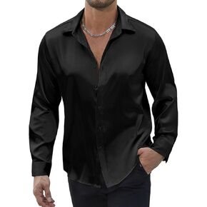 Vssjavun Mens Silk Satin Long Sleeve Button Down Shirts Shiny Dress Shirt Luxury Party Prom Wedding Shirts