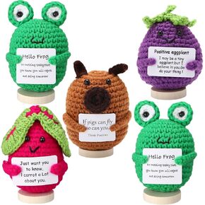 5pcs Crochet Doll with Base Animals with Positive Card Plush Handmade Knitted Dolls Handmade Crochet Inspirational Gifts for Women