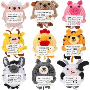 9 Pcs Positive Farm Animals Crochet with Inspirational Cards Tiny Employee Appreciation Gifts Bulk Cute Woodland Knitted Dolls for Women Coworker Baby Shower Birthday Party Supplies