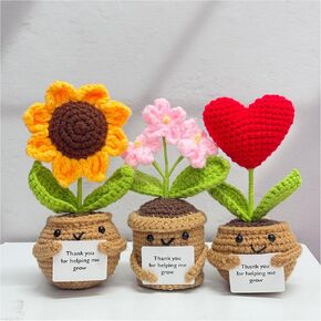 3PCS Handmade Crochet Sunflower Red Heart Forget-me-not,Crochet Flowers Gifts,Crochet Potted Plant, Thanks Teacher Gift,Gift for her/Friend/Mom/Teacher,Crochet Flower Home Desk Decor