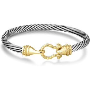 Cable Bracelets for Women - Two Tone Twisted Wire Cuff Bangle with Hook Clasp
