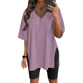 Neweek Womens Oversized Workout T Shirts Short Sleeve V Neck Side Slit T-Shirt Summer Casual Basic Tee Tops Loose Fit