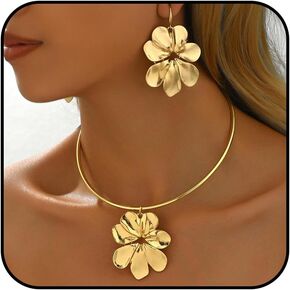 Gold Flower Earrings Necklace Set Flower Jewelry Big Foral Statement Earrings for Women Summer Charm Necklace Beach Vacation Essentials