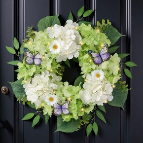 Valery Madelyn Spring Summer Wreaths for Front Door with Lights, Silk Blue White Hydrangeas Floral Wreath with Eucalyptus Leaves Butterfly for Home Porch Window Party Wedding Arch Decor-18''
