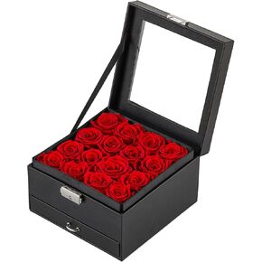 16-Piece Forever Flowers Gifts for Mother Wife Grandma Preserved Roses That Last over a Year Anniversary Birthday (Red, Black PU Jewelry Box)