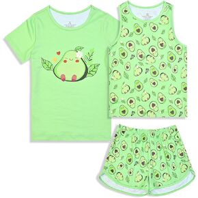 QPANCY Girls Pajamas Kids Casual Loungewear Sleepwear Cotton 3 Pieces Shirts&Tank Shorts Pjs Sets