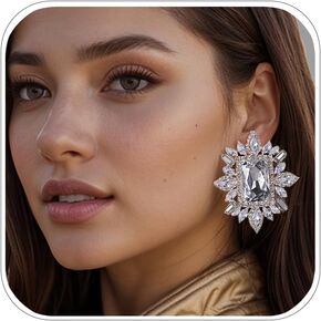 Large Silver Rhinestone Clip On Earrings For Women Non Pierced Bling Crystal Statement Earrings Formal Trendy