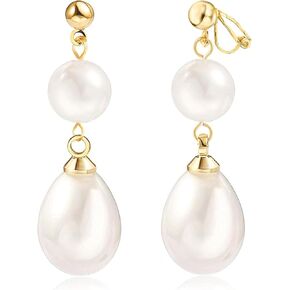 Pearl Earrings for Women，18K Gold Plated Clip-On Earrings, Lightweight Jewelry for Non-Pierced Ears, Elegant Accessories for Women, Ideal for Everyday & Special Occasions (Clip-On Pearl Earrings)
