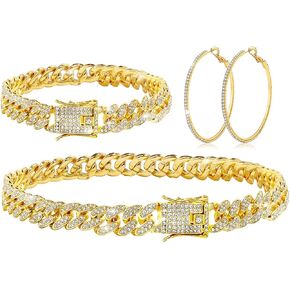 Silver Cuban Link Chain Necklace Bracelet Rhinestone Earrings Set For Women Shiny Bling Necklace Bracelet Crystal Big Hoop Earring Jewelry set