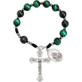 Nazareth Store Tiger Eye Beads One Decade Rosary Handmade Pocket Car Mirror with Saint Joseph Medal and Jesus Cross in Antique Silver Volcanic Stone Travel Friendly Rosary