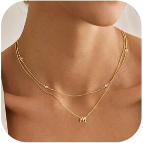 Turandoss Layered Cursive Initial Necklaces for Women Girls, Dainty 14K Gold Plated Letter Initial A-Z Necklace Stack Birthday Gifts for Women Teen Girls Jewelry Trendy
