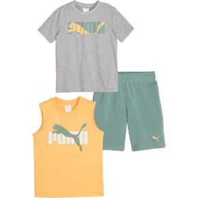 PUMA boys 3 Piece Set, Short Sleeve Cotton Jersey T-shirt and Muscle Tee & Matching Short
