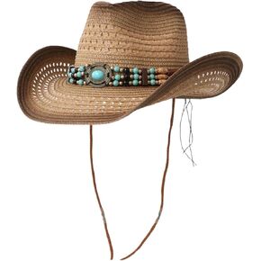 Verdusa Women's Straw Cowboy Cowgirl Hats Western Wide Trim Sun Hats with Beaded Belt