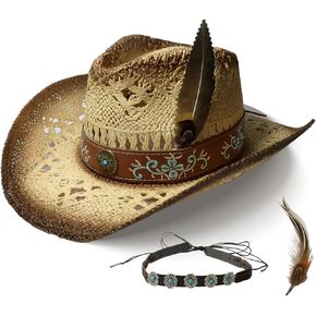 Western Women Cowboy Hat,Breathable and Comfortable Straw Sun Hat with Wide Brim，with a Set of Free Accessories, Can be Freely Matched Beige