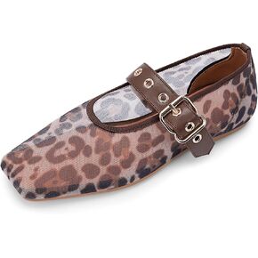شبكة Leopard Mesh Mary Jane Flats حزام مشبك مغلق مربع إصبع قدم الباليه