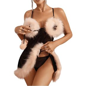 Verdusa Women's Two Piece Fuzzy Mesh Babydoll Lingerie Set with Low Rise Thong