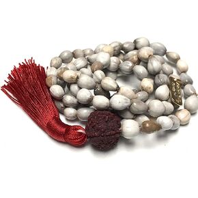 Vijayanti Vaijayanti mala beads necklace - Victory Mala 108 prayer beads for Laxmi Lakshmi Vishnu Krishna pooja puja - 5 mukhi (5 face) Rudraksha Rudraksh Guru bead - Awaken - w/Velvet Rosary pouch