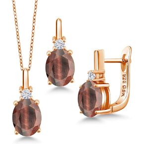 Gem Stone King Gemstone Birthstone and Lab Grown Diamond Pendant and Earrings Jewelry Set for Women in 18K Rose Gold Plated Silver | Oval 8X6MM and Round 2.5MM | With 18 Inch Chain