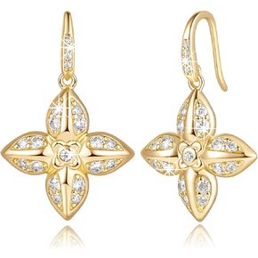 Eloqueen 14K Gold Earrings for Women Gold Dangle Earrings for Women Flower Earring with Cubic Zirconia Elegant and Good Fortunate Four-Leaf Flower CZ Drop Earring for Womens Dangling