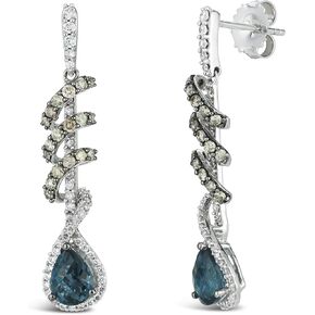 LE VIAN 14K White Gold, Pear Cut Blue Topaz & 1-1/6 Cttw White/Chocolate Diamond 1-1/2" Dangle Stud Earrings (H-I & Fancy Brown Color, SI2-I1 Clarity)