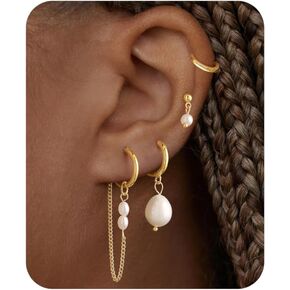 4Pairs Pearl Dangle Earrings Stacks For Women Trendy Drop Chain Set Multiple Piercing Dainty 14K Gold Silver Jewelry