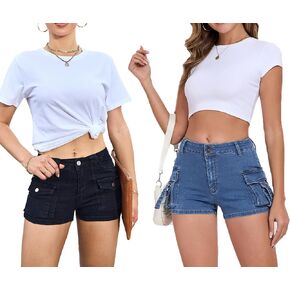 Women's Stretchy Jean Shorts Set-Includes 1 PC Black Women's Booty Denim Shorts and 1 PC Medium Blue Jean Mini Cargo Shorts,Large