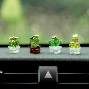 Mini Crystal Cactus Car Dashboard Decorations, 4PCS Cute Cactus Rear View Mirror Screen Ornament Accessories for Home Office