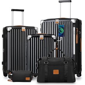 Joyway 5 Piece Luggage Set - Expandable 25%, Anti - Slip Wheels, Cup Holder, TSA Locks, Handbag Included - Ideal for Men & Women's Travel, Black
