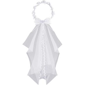 Lystaii Girls First Communion Veil White Bowknot Pearls Crystal Rhinestone Floral Veil Holy Communion Flower Crown for Wedding Party