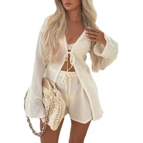 Lunoakvo Women Summer 2 Piece Outfits Bow Tie Front Hollow Out V-neck Bell Sleeve Blouse Casual Elastic Waist Shorts Sets