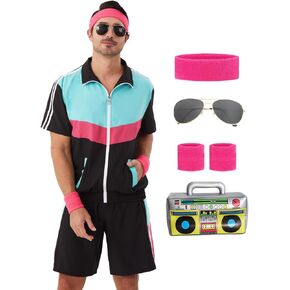 Men's 80s Outfit Short Sleeve 90s Retro Track Suit for Men Color Block Jacket Shorts Set Outfits Costumes for Party
