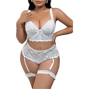SHENHE Women's Plus Size Lace Garter Lingerie Set Underwire Bra and Panty Set with Leg Ring