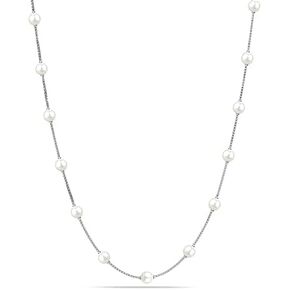 LeCalla 925 Sterling Silver Italian Simulated Pearl Station Chain Necklace for Teen and Women 16, 18, 20, 24 Inches