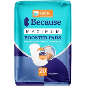 Because Maximum Incontinence Booster Pads for Men and Women, Adds 2 Cups Extra Absorbency to Adult Diapers, Discreet, Adhesive Strip Backing, Unisex (20 Count (Pack of 1))