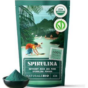 NaturaleBio Spirulina Powder Organic 1 lb. Natural and Raw Spirulina Algae Powder. Vegan and Pure. Cultivated in India in Tamil Nadu. Ideal for Drinks, Smoothies and Recipes.
